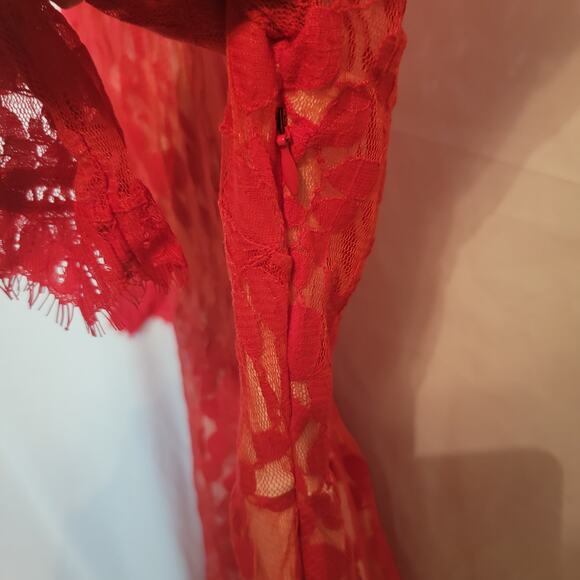 Free People Cherry Red Floral Mesh Lace 3/4 Sleeve Mini Bodycon Dress Size 0 - Picture 9 of 12